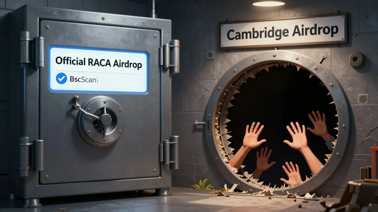 Split scene: verified official vault vs. trapdoor scam labeled 'Cambridge Airdrop'.