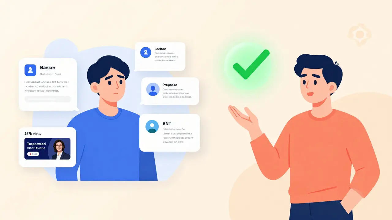 Split-screen: confused new user vs. confident voter using Bancor's governance system.