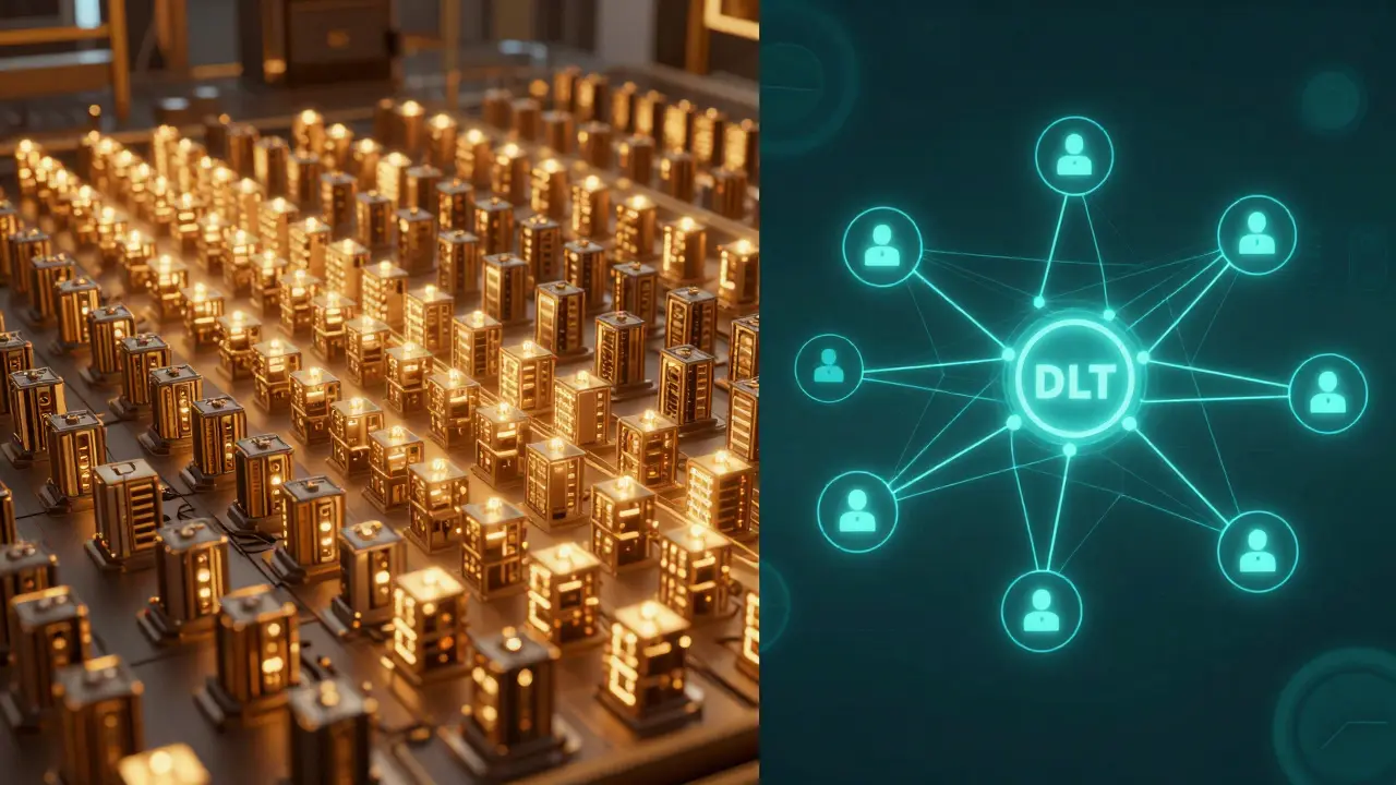 Split-screen: energy-heavy blockchain mining vs. efficient, flexible DLT graph structure with permissioned access.