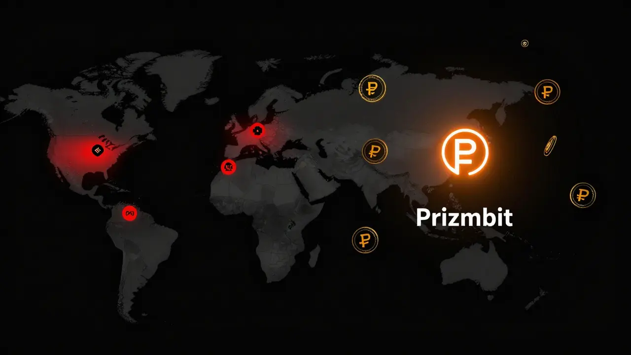 Split-screen graphic: blocked global crypto exchanges vs. a lone Prizmbit icon shining over Russia and nearby regions.