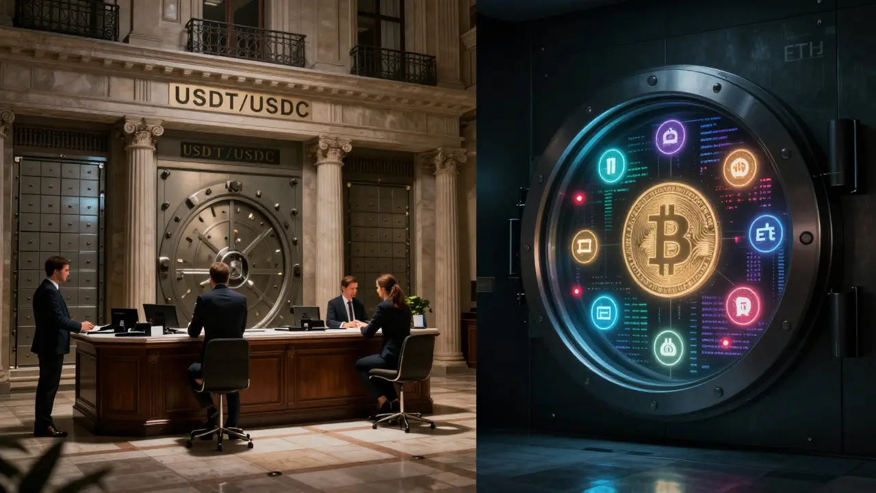 Split-screen: traditional bank vs. decentralized smart contract vault with automated liquidation alerts.