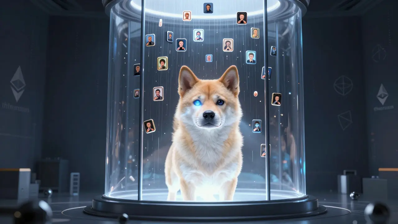The original Doge NFT glowing inside a transparent vault as millions of DOG tokens rain down around it