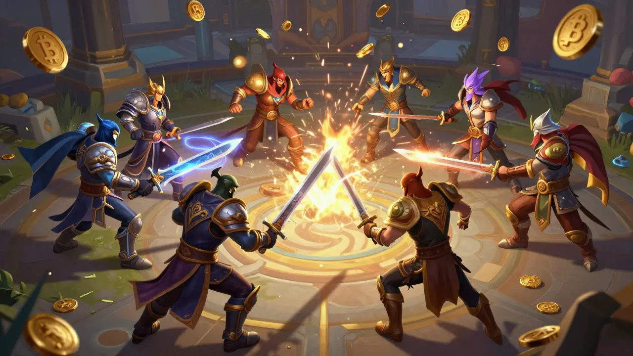 Three EpicHero warriors battling in a 3D arena as golden BNB coins rain down from above.