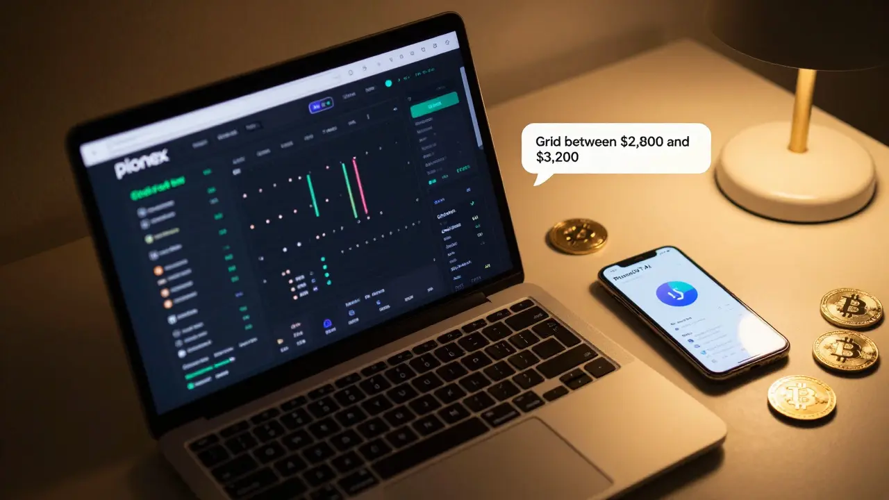 Trader using Pionex mobile app and AI assistant PionexGPT on desk with crypto coins nearby.