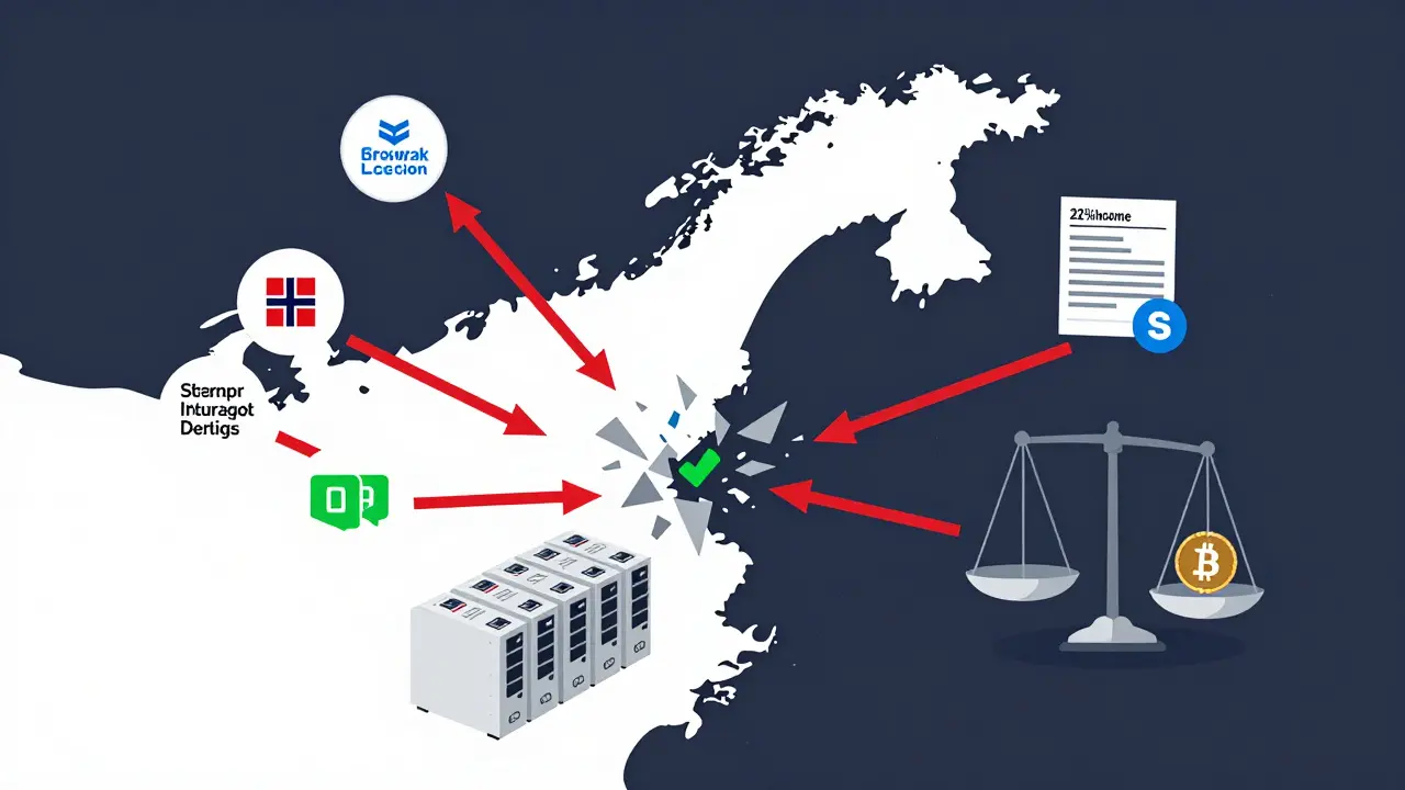 A blockchain ledger above Norway with audit arrows breaking offshore links, while staking icons replace mining, set in muted Nordic tones.