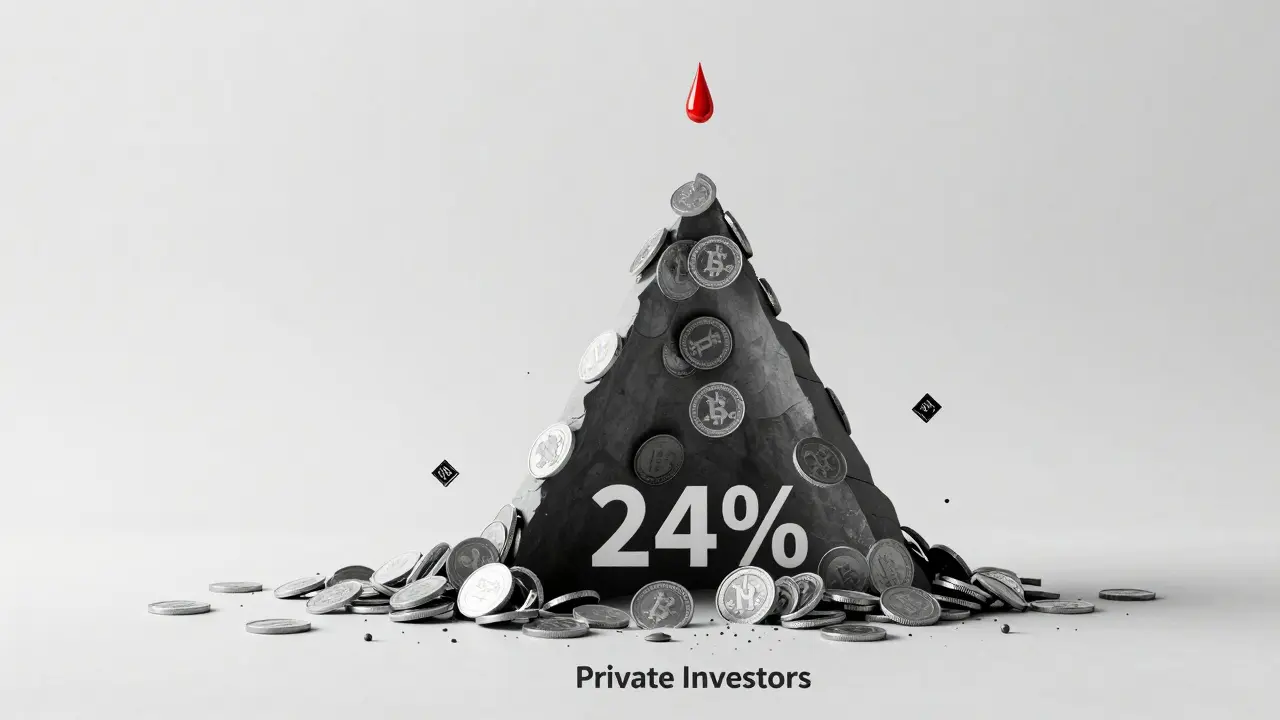 A collapsing token pyramid with private investors at the base and forgotten NFTs at the top.
