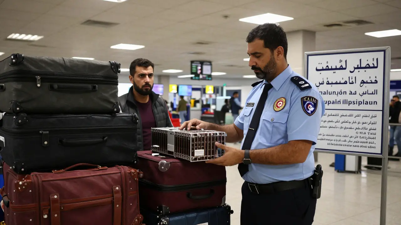 A customs officer seizing an ASIC miner at a Tunisian airport, surrounded by luggage and warning signs.