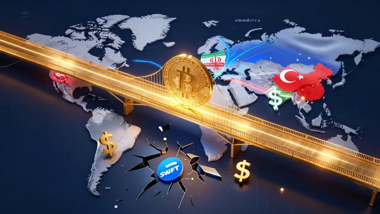 A golden Bitcoin blockchain bridge connecting Iran to Russia and China, with shattered dollar symbols below.