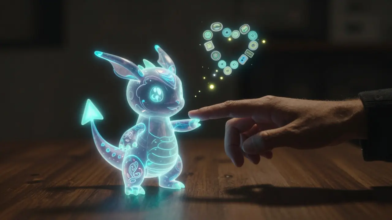 A hand touching a glowing Starchi creature as ELIXIR tokens float around it like glowing fireflies.