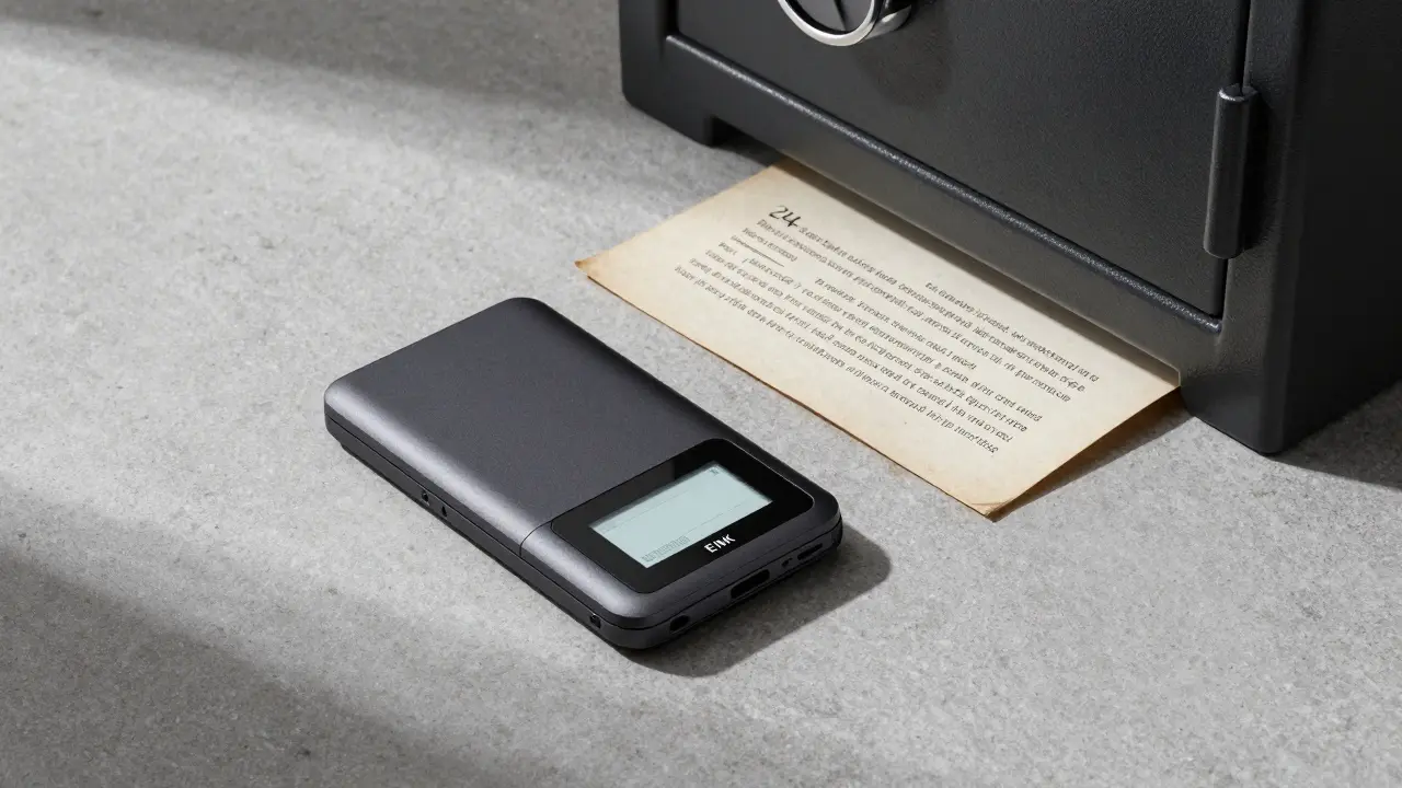 A hardware wallet and handwritten seed phrase stored safely in a fireproof safe.