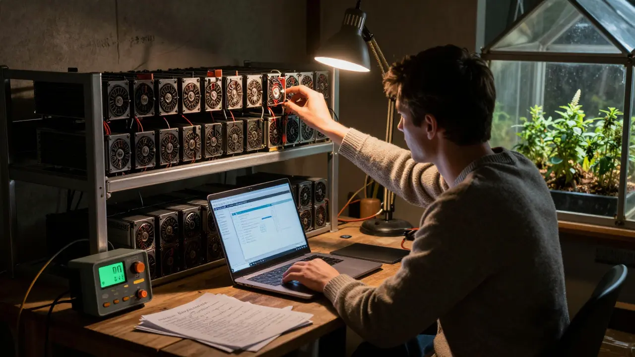 A miner in a garage adjusting second-hand mining equipment with handwritten logs and a greenhouse using waste heat.