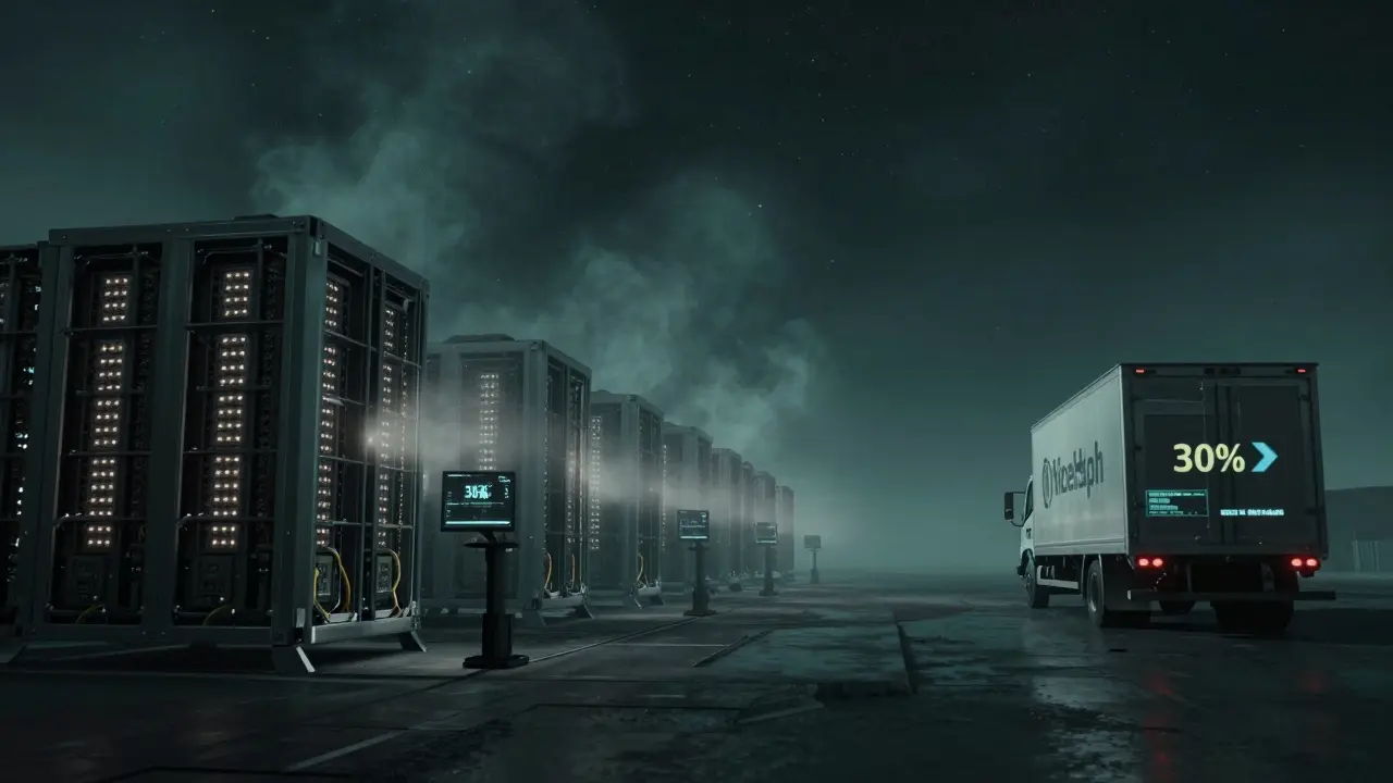A mining farm with dimming lights as a network hash rate plummets, a rental truck driving away at night.