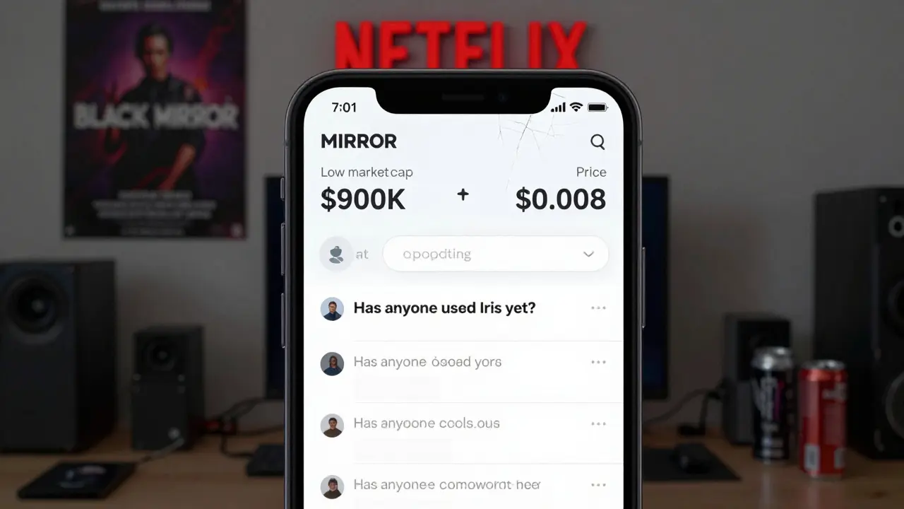 A smartphone screen displaying the MIRROR token's low market cap beside a blank Reddit thread about the AI assistant Iris.