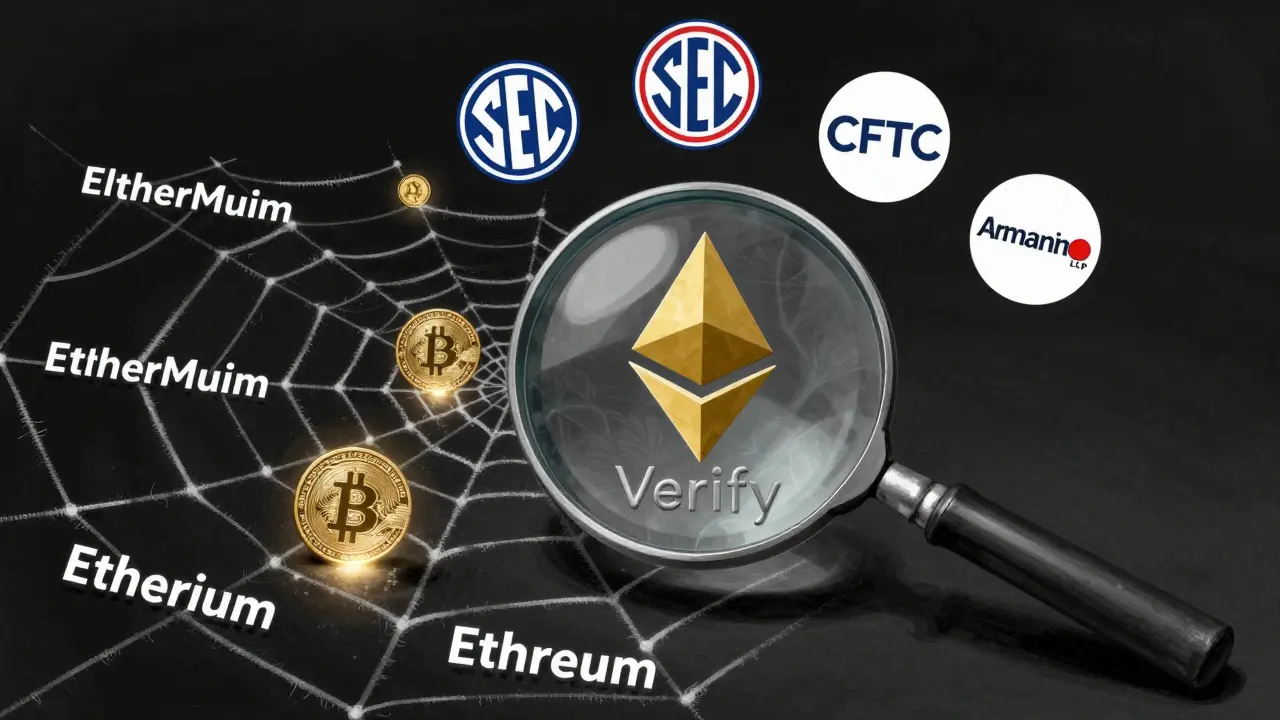 A spiderweb of fake crypto domains trapping tokens, with a magnifying glass revealing the real Ethereum blockchain below.