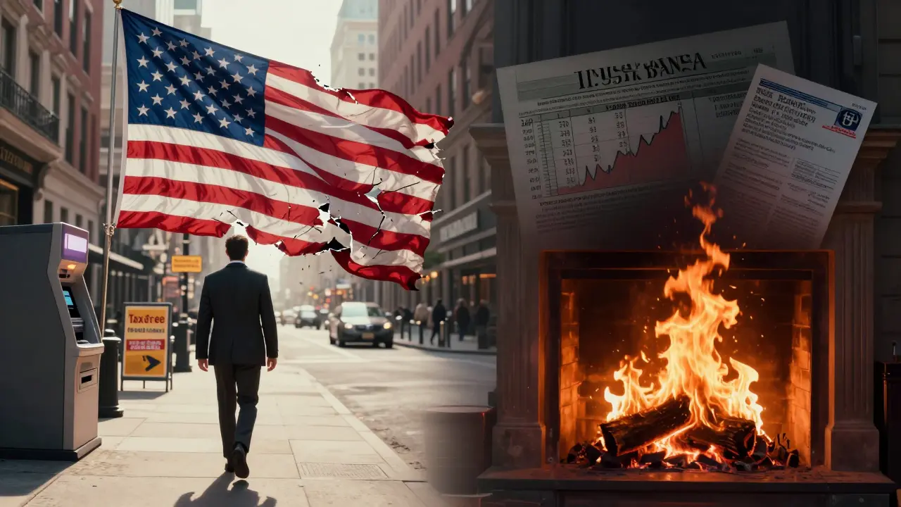 A symbolic split image showing departure from U.S. tax obligations toward a crypto-friendly European city.