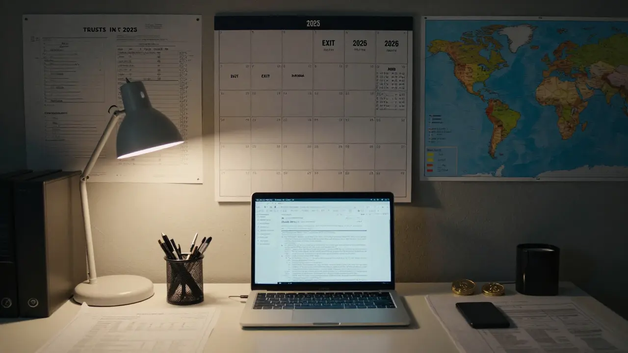 A tax planner's office with crypto assets, legal documents, and a world map marking favorable jurisdictions.