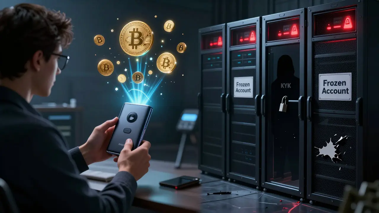 A user signing a trade with a hardware wallet while a centralized exchange server crumbles behind them.