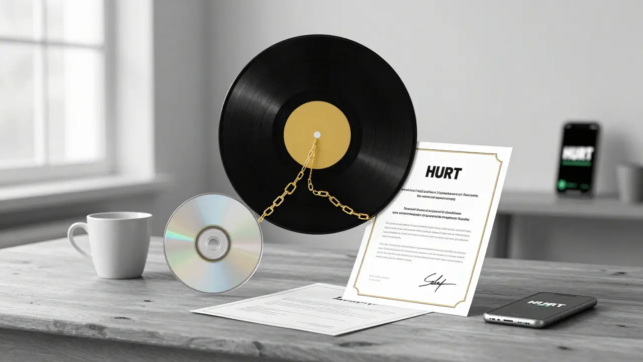 A vinyl record with blockchain grooves beside a signed CD and NFT certificate on a wooden table, symbolizing music and crypto fusion.