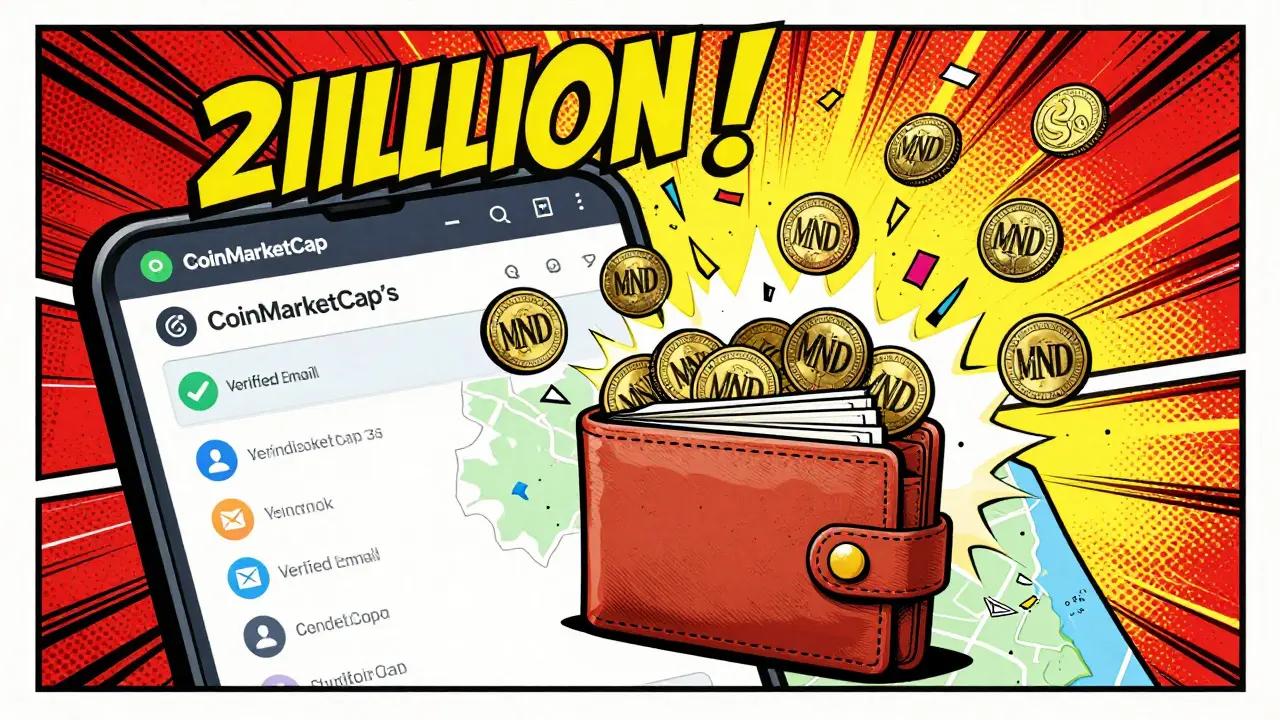 A wallet exploding with 2 billion MND tokens, bursting over a CoinMarketCap interface with social media icons.