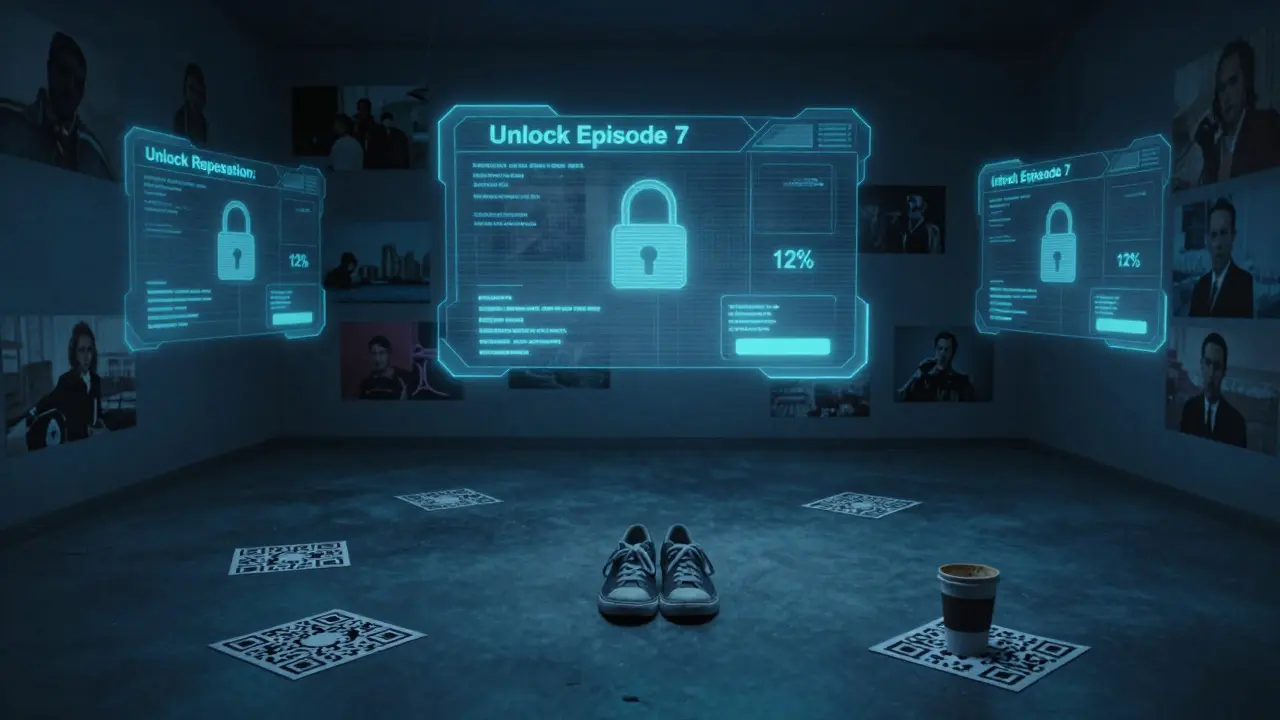 An empty high-tech fan experience center with unresponsive holograms and Black Mirror episode stills on the walls.