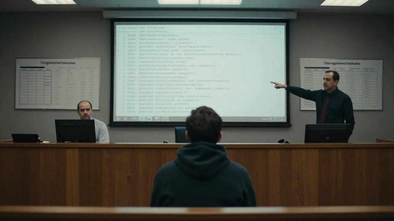 Blockchain developer in courtroom as judge sentences them, with transaction trails displayed on screen.