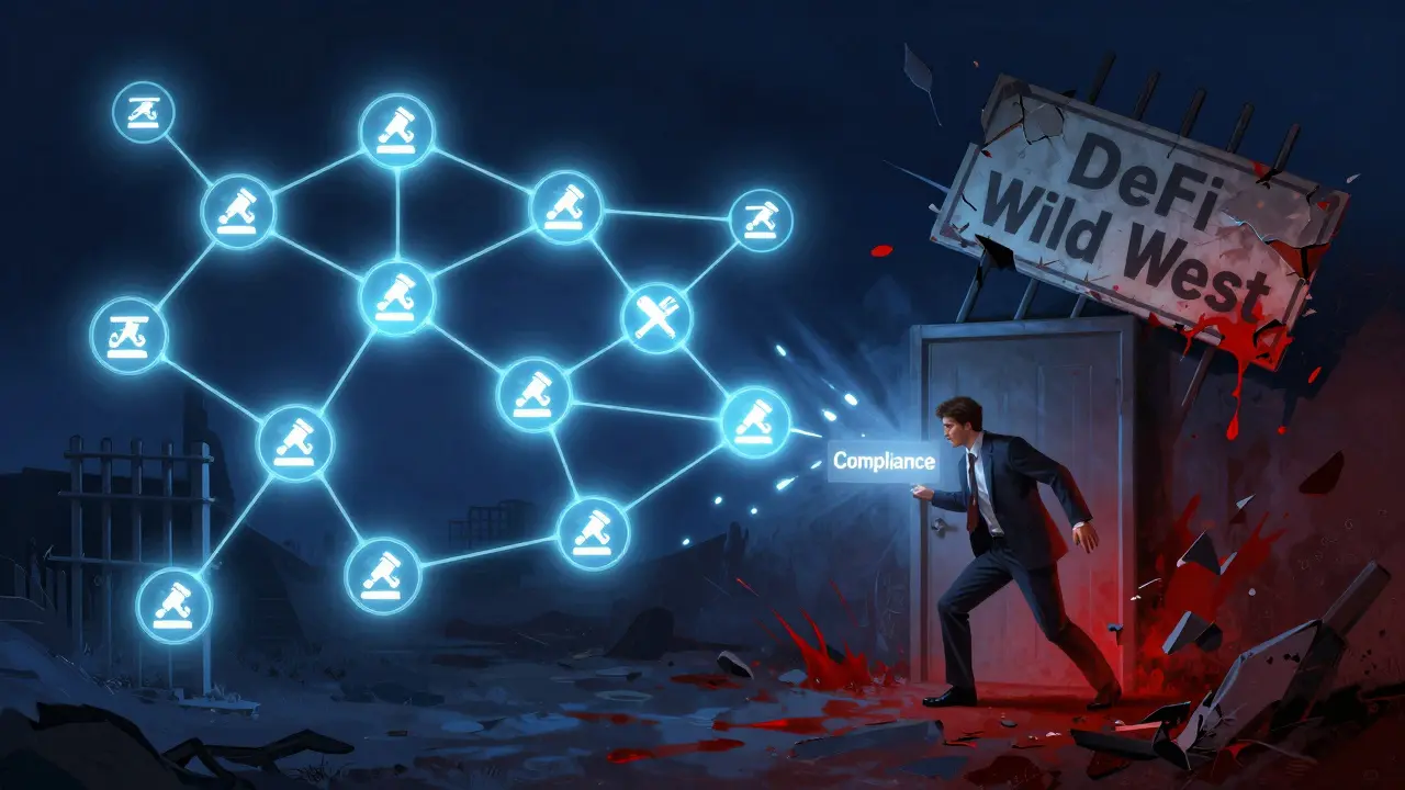 Blockchain nodes turning into prison bars as one figure tries to escape toward compliance door.