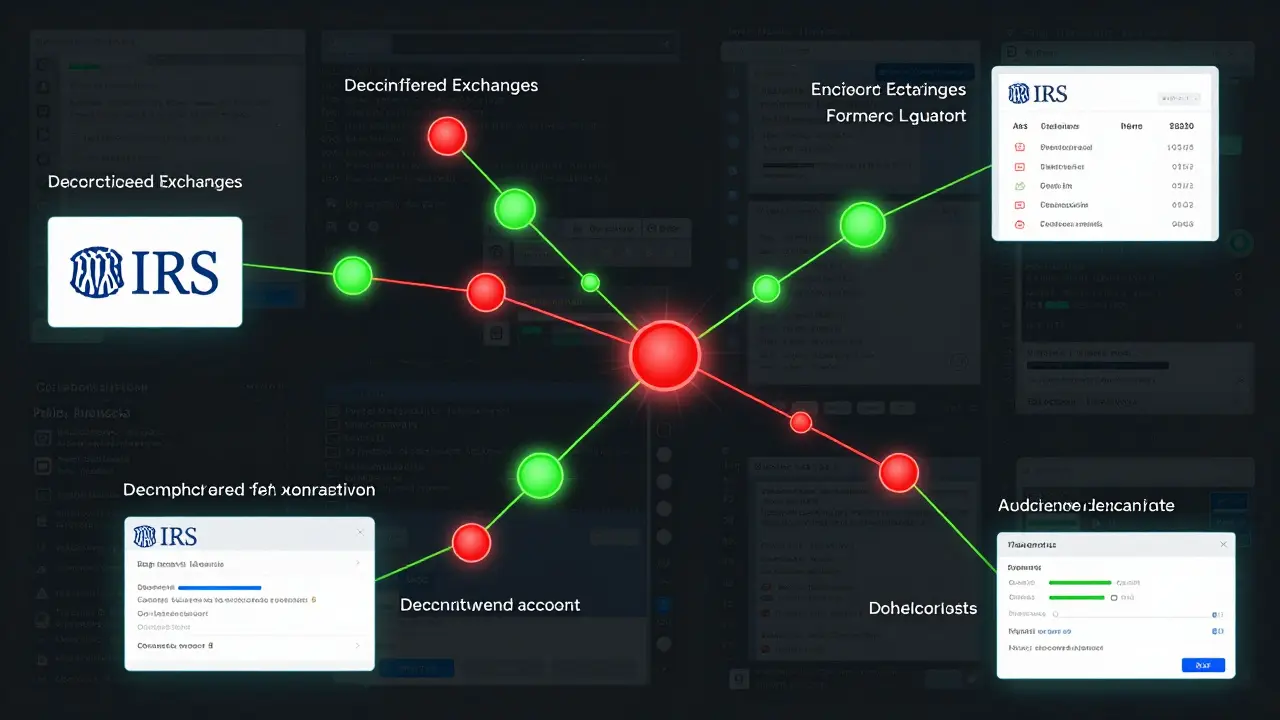 Blockchain transaction map being analyzed by IRS tools, showing traceable crypto flows to bank accounts.
