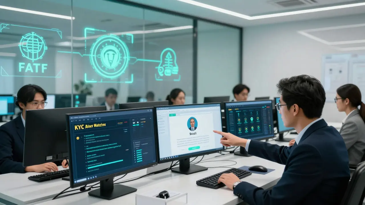 Compliance team monitoring real-time KYC alerts on multiple screens in a high-tech control room with holographic regulatory logos.