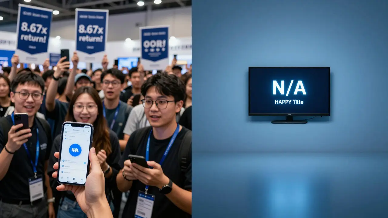 Contrasting 2021 crypto hype scene with a silent, empty screen showing 'N/A' for token price.