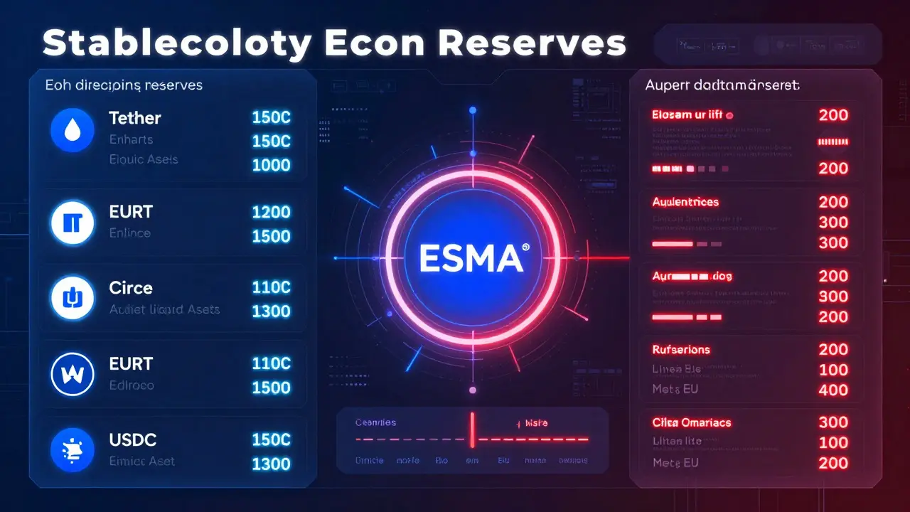 Digital dashboard monitoring stablecoin reserves with ESMA overseeing compliant and non-compliant platforms.