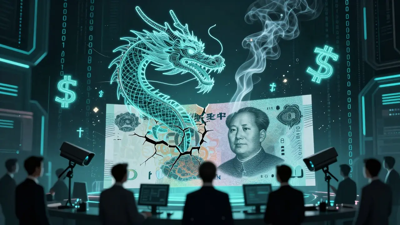 Digital dragon formed from blockchain code rising from a torn Chinese banknote, symbolizing underground crypto trade.