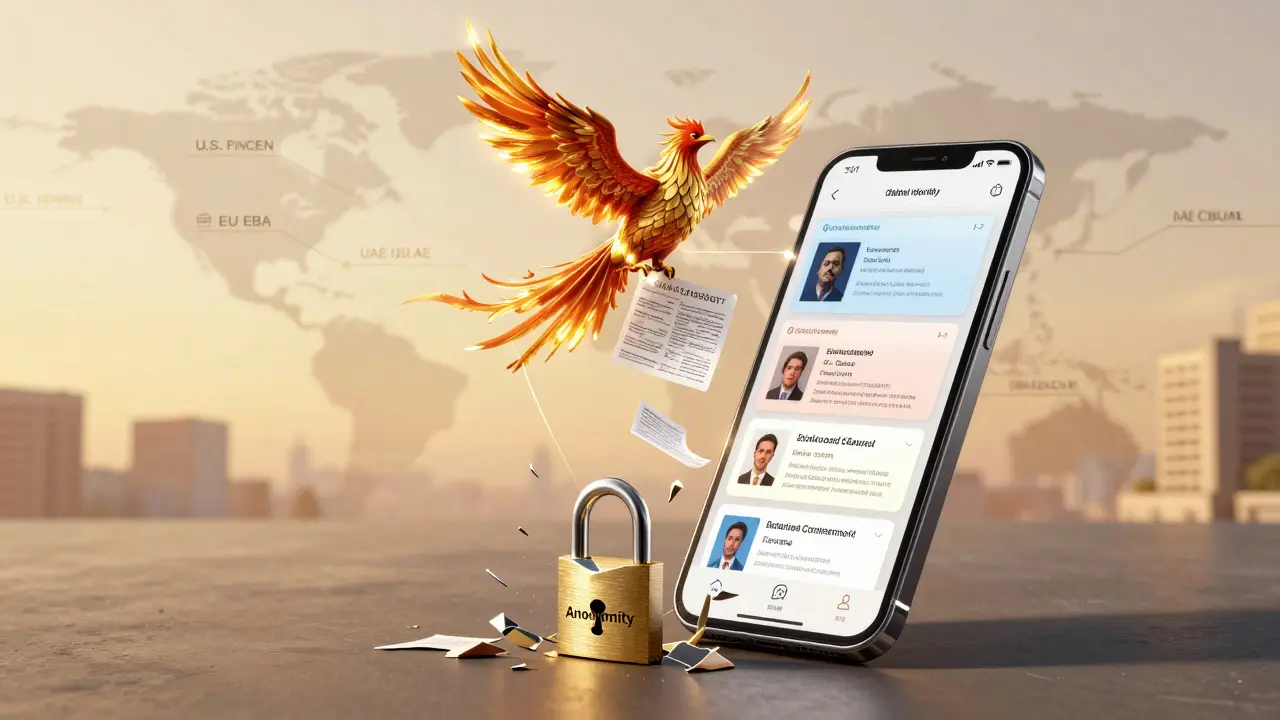 Digital identity wallet on a phone linked to global regulators, with a shattered anonymity lock and compliance documents rising as a phoenix.