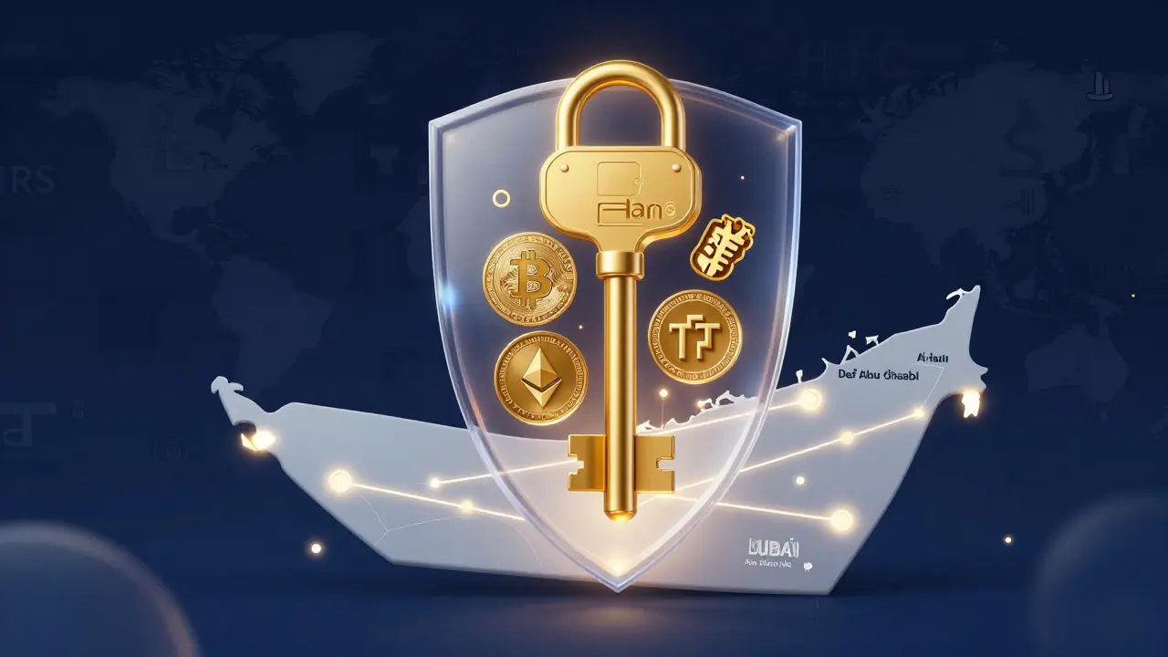 Golden key unlocking digital vault of crypto assets above UAE map, global tax symbols blocked