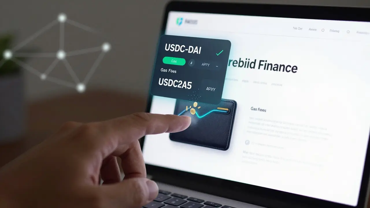 Hand connecting MetaMask to Firebird Finance, with rising APY hologram and dissolving gas fees.