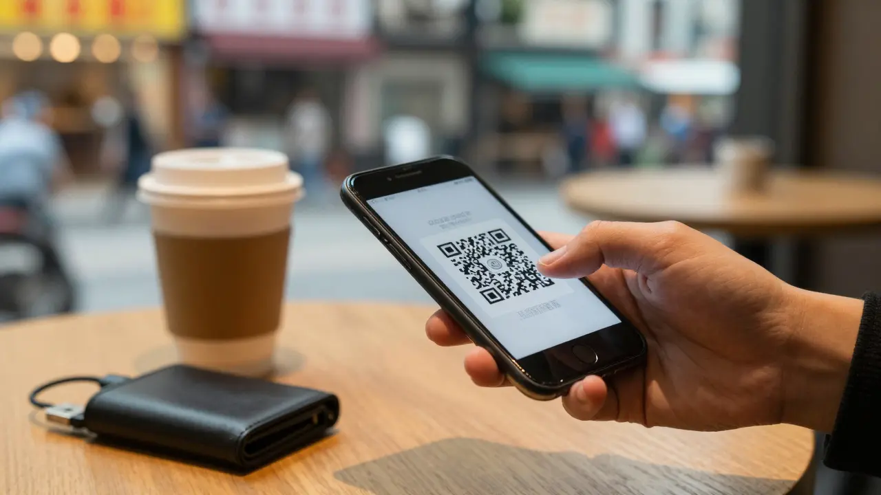 Hand scanning a QR code for a crypto transaction at a café, hardware wallet nearby.