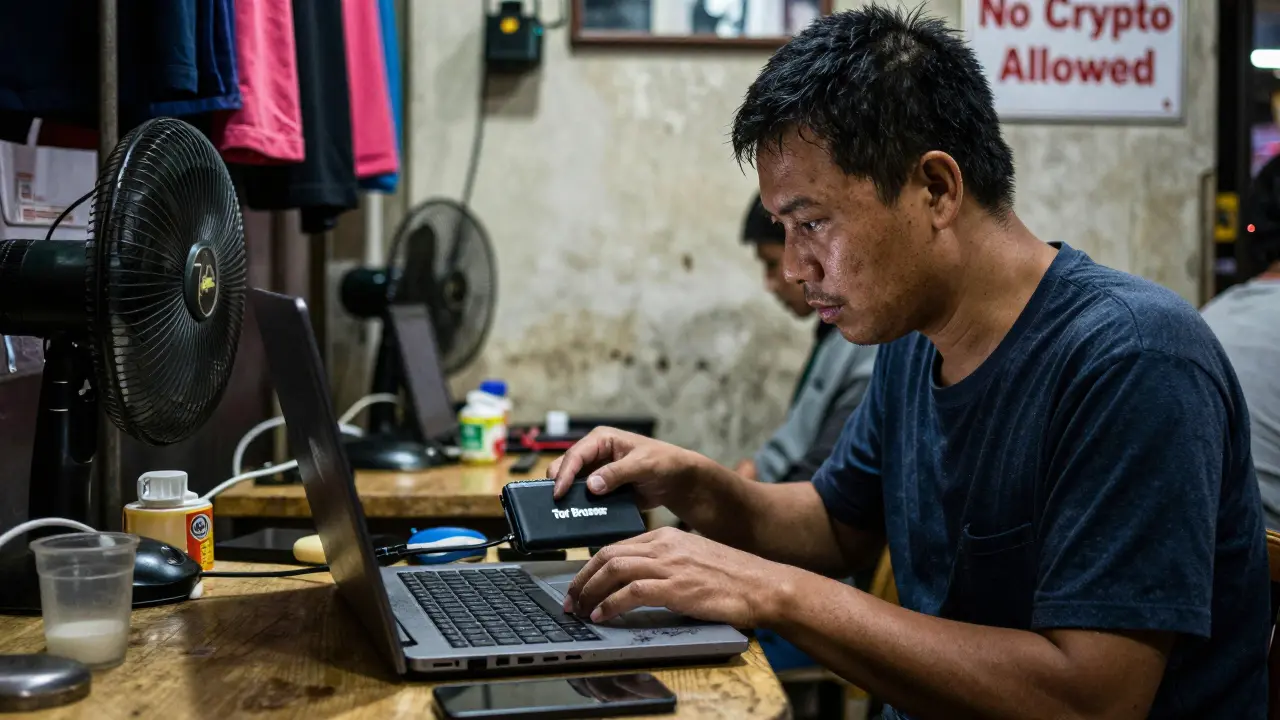 Man in Vietnam using Tor Browser on a laptop in a busy street cafe to access crypto