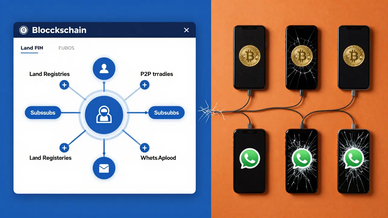 Split image: government blockchain system on one side, underground crypto trades on the other, symbolizing control vs resistance.