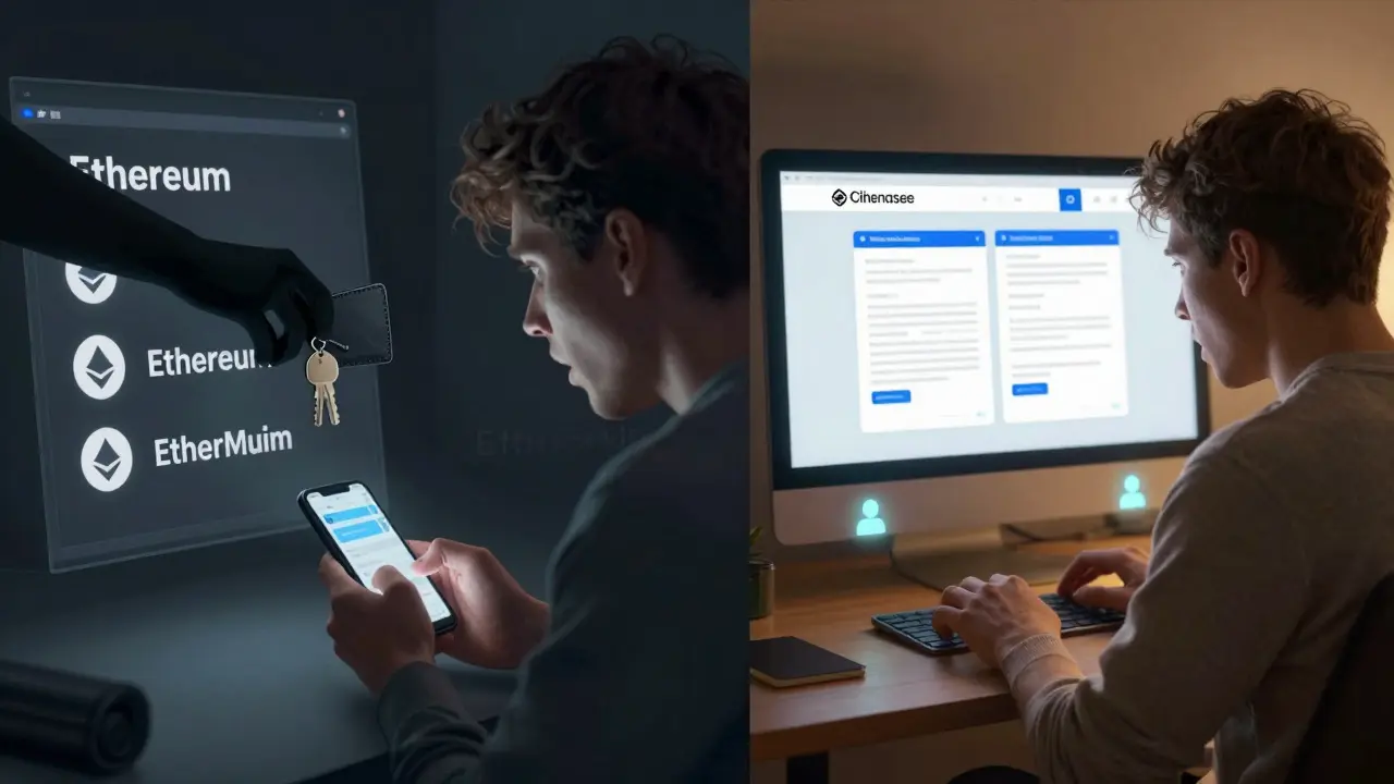 Split-screen: user mistyping 'EtherMuim' as a shadow steals keys, while another safely uses Coinbase with verified badges.
