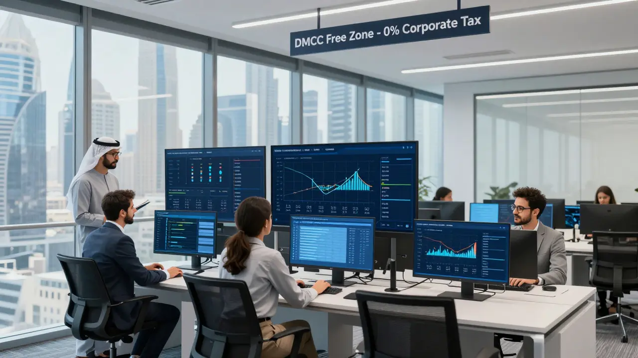 Team in Dubai free zone office reviewing crypto transactions under 0% corporate tax sign