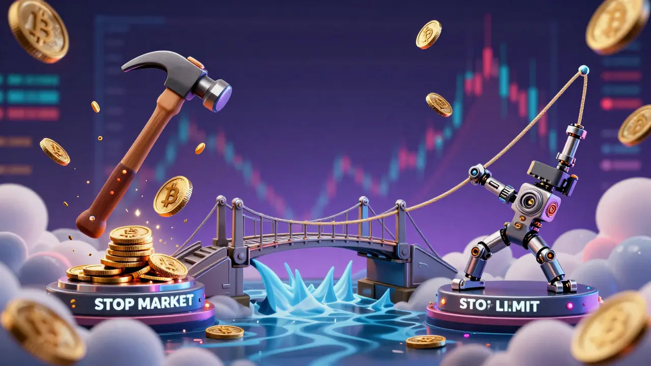 Three mechanical representations of stop-loss order types in a cyberpunk-style crypto market scene.