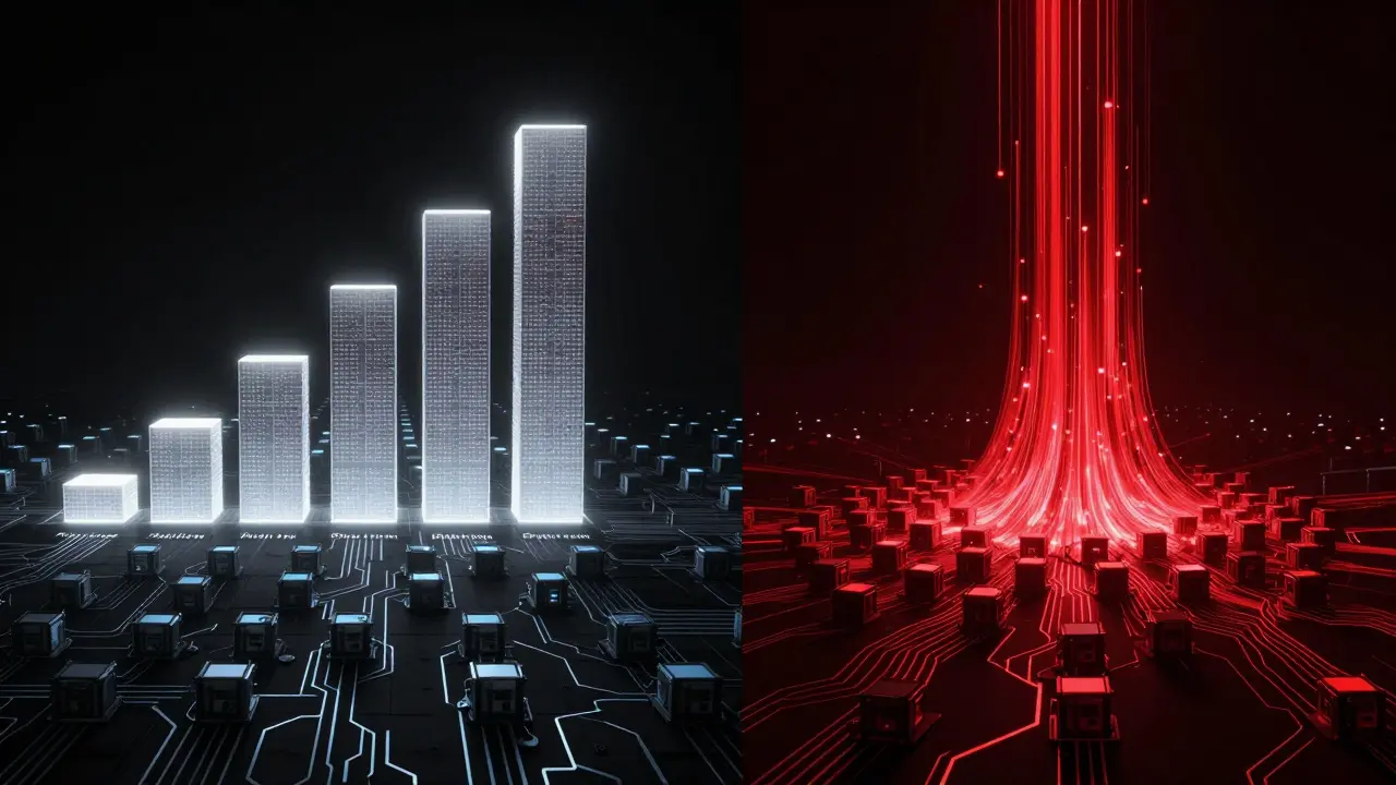 Two parallel blockchains: one public and growing slowly, one secret and rapidly expanding in darkness.