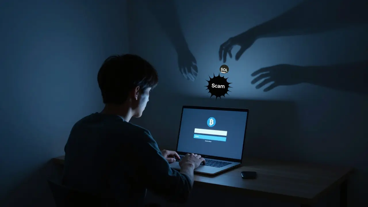User staring at laptop as ghostly hands drain crypto from wallet into a black hole labeled 'Scam'.