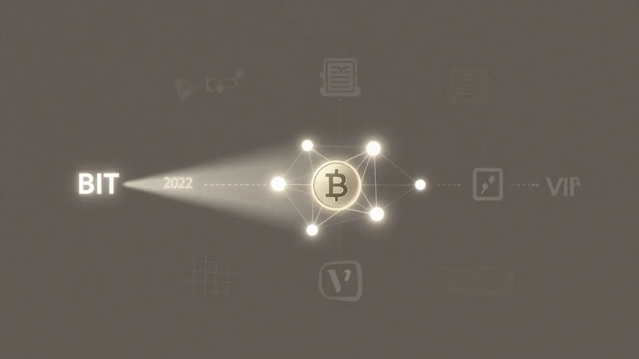 A BIT token embedded in a blockchain ledger, surrounded by icons of trading pairs and VIP benefits.