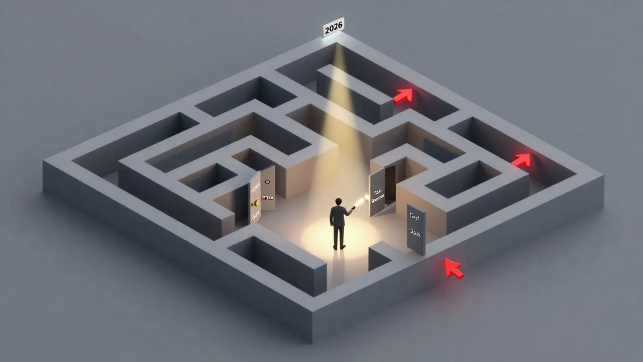 A blockchain labyrinth with locked doors labeled tax forms, one figure searching for an exit with a flashlight.