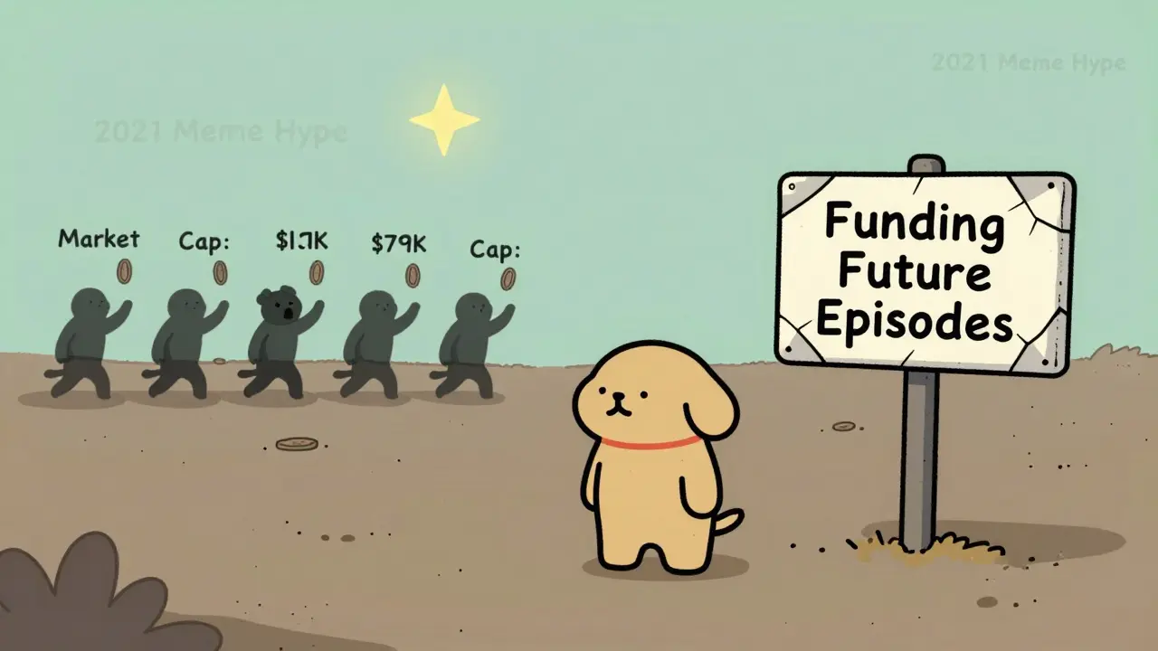 A cartoon breakdancing dog stands alone on a barren blockchain landscape beneath a faded sign promising future episodes.