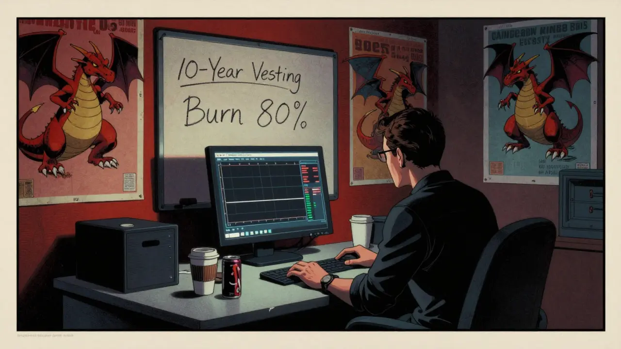 A developer in a dim office surrounded by Dragonary memorabilia, staring at a flatlining cryptocurrency chart.