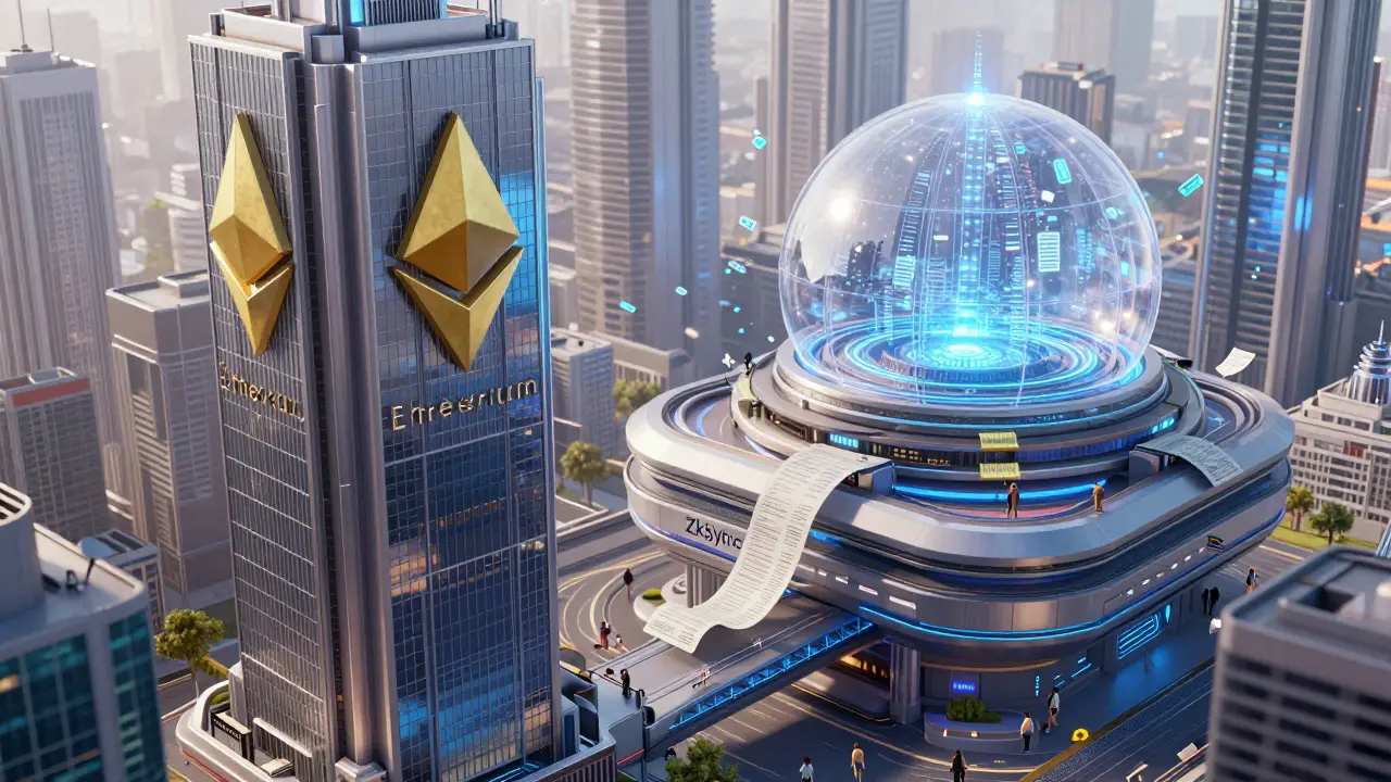 A futuristic city where blockchain layers are buildings: settlement skyscraper, execution transit hub, and data dome above, with people walking freely.