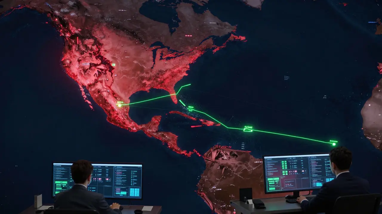 A global map showing crypto flows from Syria to the world, while red alerts encircle Cuba, monitored by compliance AI systems.