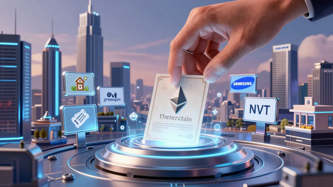 A hand placing a virtual land deed into a blockchain node, surrounded by icons of rental income, ads, and corporate virtual spaces.