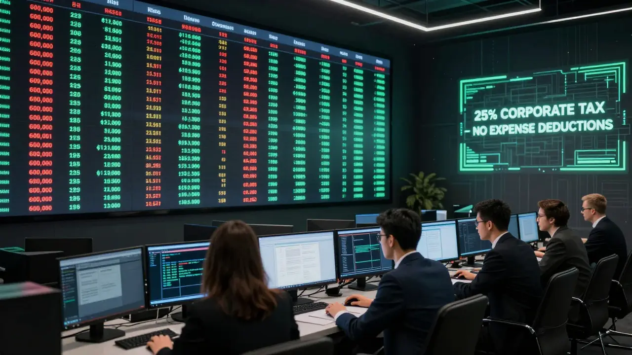 A high-tech financial dashboard with red alerts for crypto transactions, watched by overwhelmed accountants in Moscow.
